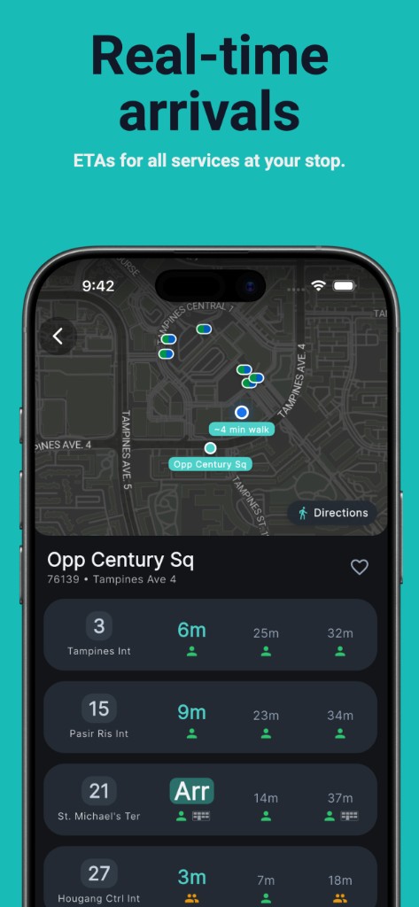 Transit SG stop screen with a map and real-time arrival times.